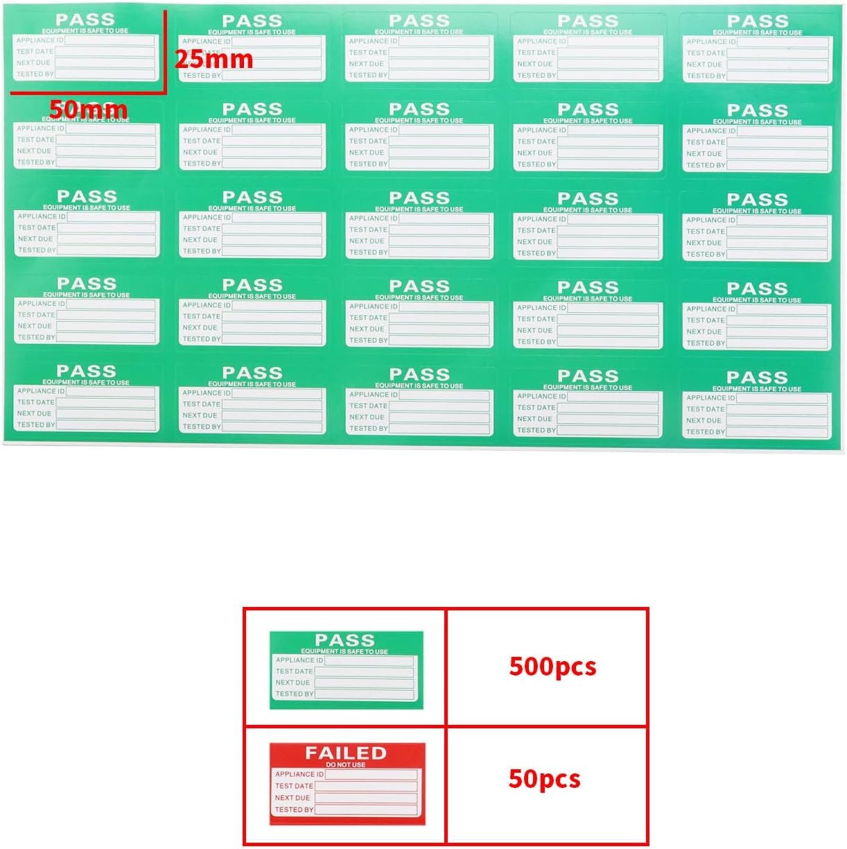 550Pcs PAT Testing Stickers – 500Pcs Pass, 50Pcs Failed – 50x25mm PAT Labels App