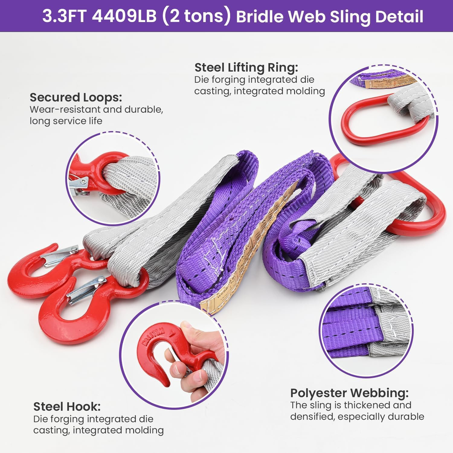 Lifting Slings Straps with Hooks – 3.3 FT, 4409LB Pounds Capacity, Polyester Bri