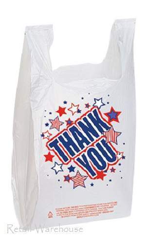 11 ½” x 6″ x 21″ Plastic T-shirt Bags 1000 Grocery Thank You Red White Blue