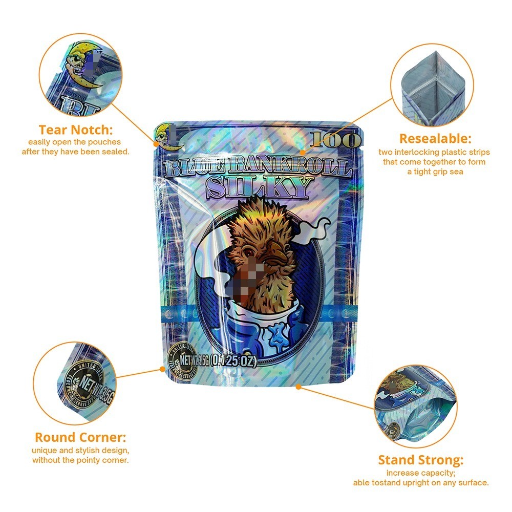 3.5g Mylar Bag Stand Up Zip Seal Bags Mixed Pack Holographic Bag 100pcs