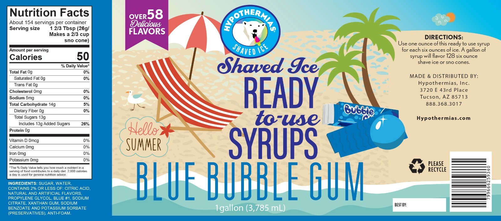 Hypothermias BLUE BUBBLE GUM Flavor Syrup ? Snow Cone machine Shaved Ice Syrup