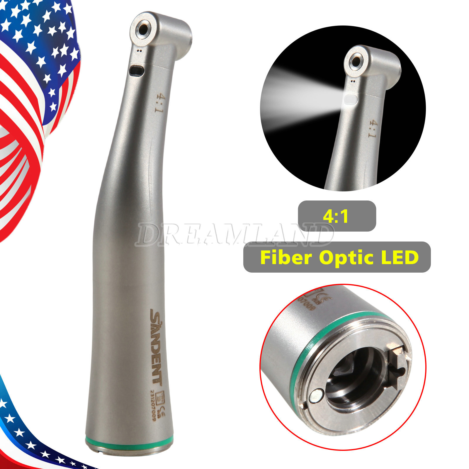 Dental 4:1 LED Fiber Optic Contra Angle Handpiece Quattro Spray Internal Channel