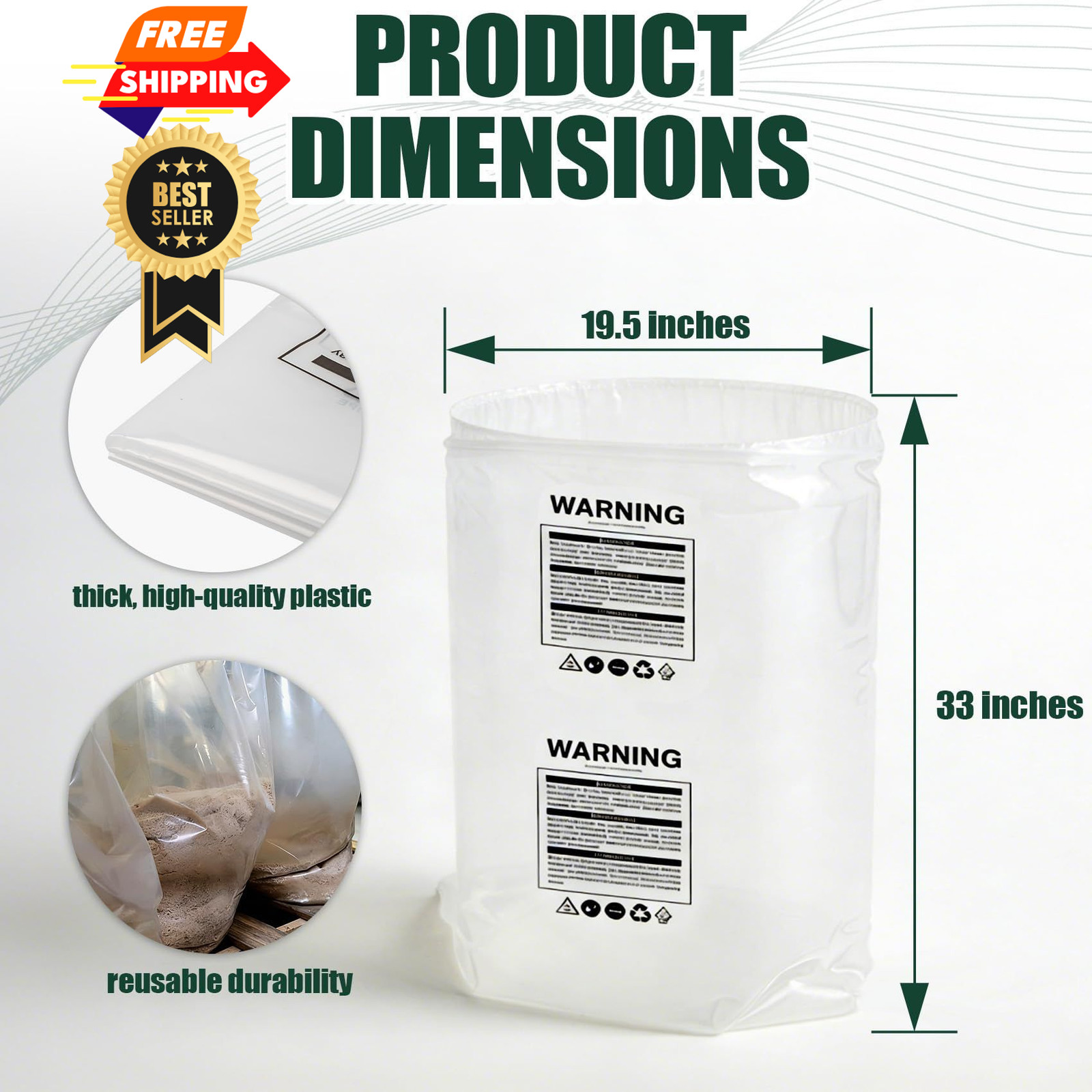 70009V Clear Plastic Dust Collection Bags, 19.5″x33″ Replacement for