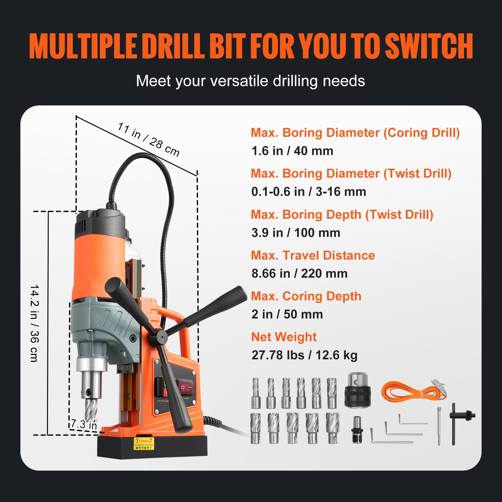 11HSS Bits Magnetic Drill 1450W 12500N Portable Mag Drill Press 850RPM 1.6″