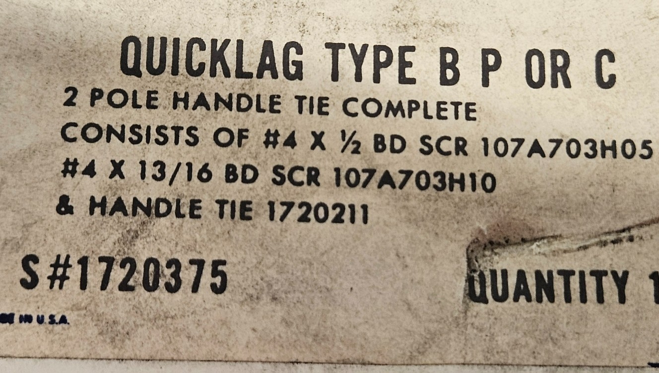 Westinghouse Quicklag Handle Tie #1720 375 Type B, P or C, 2 Pole USA Made – NEW
