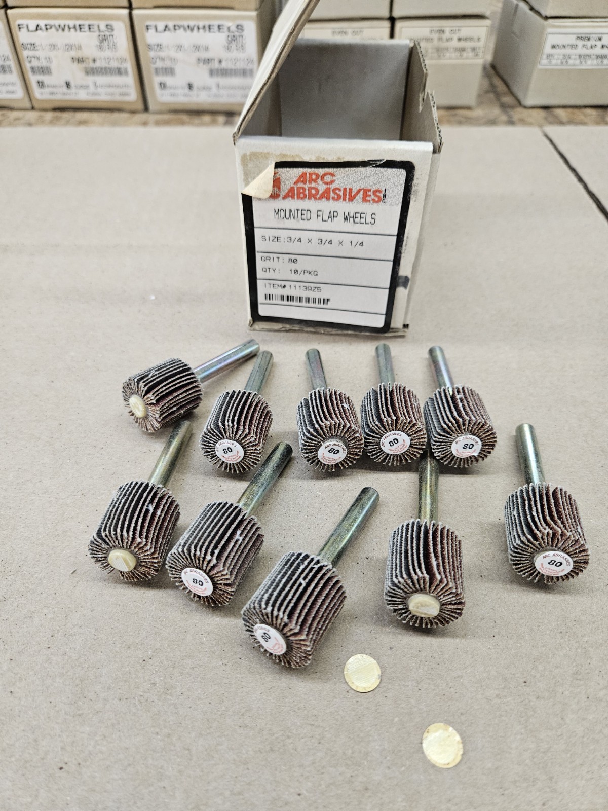 3/4″ x 3/4″ 80 Grit Flap Wheels 1/4″ Drill Mount Shank, 25,000 RPM – Lot of 10