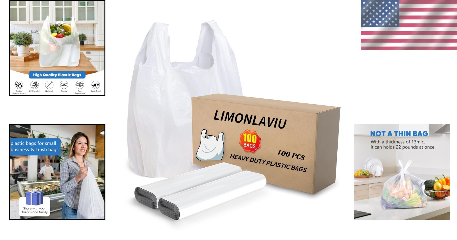 Bulk 100 Plastic Grocery Bags with Handles – Perfect for Small Business & Retail