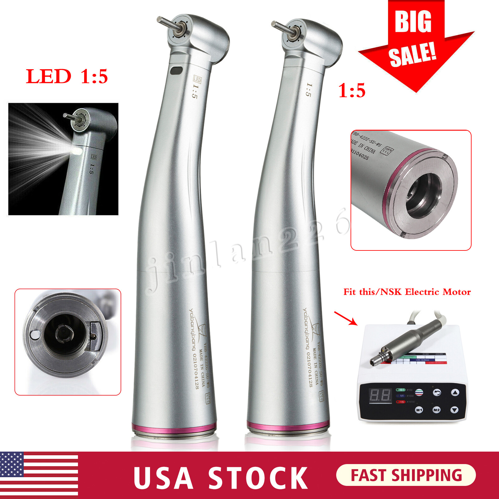 NSK Ti-MAX X95L Style Dental 1:5 LED Fiber Optic Contra Angle Handpiece Red Ring