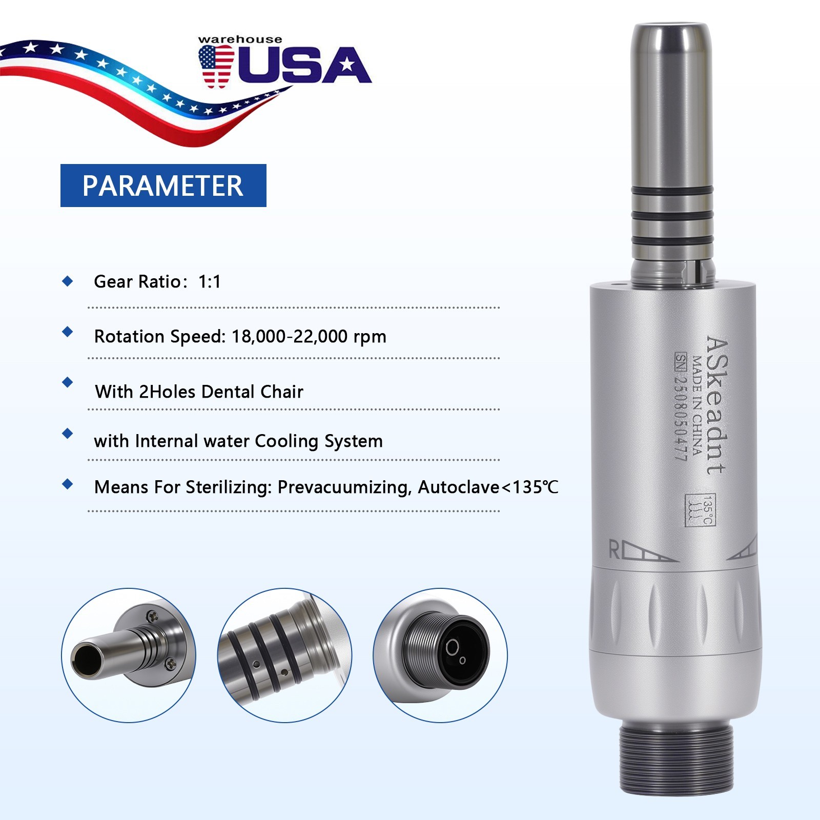 ASkeadnt Dental Slow Low Speed Air Motor Handpiece Internal Water Spray 2 Holes