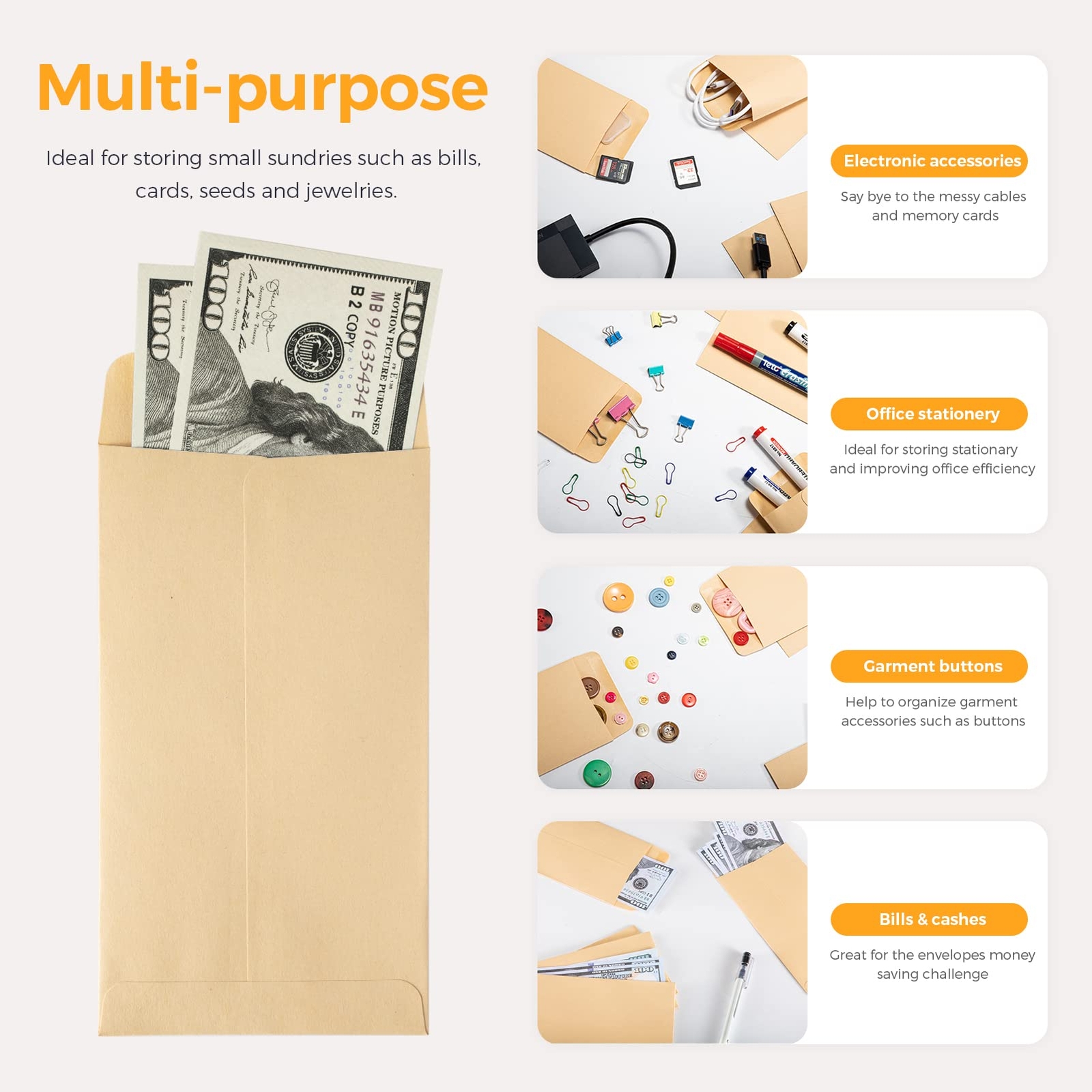 100 PACK Brown Cash Envelopes 3 1/2 x 6 1/2 for Budgeting, Small Kraft Money