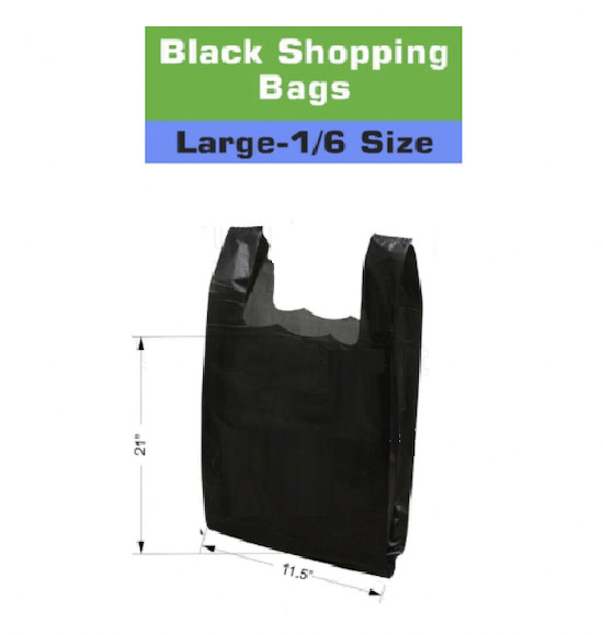 1/6 Black Plastic Shopping Bags, Grocery Bags 11x6x21 Reusable Carry Out Bags