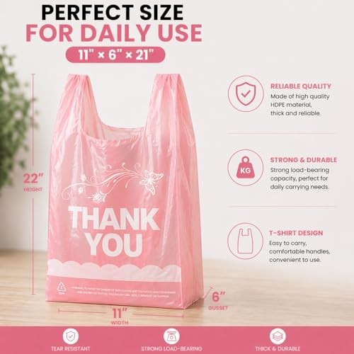 800 Pink Thank You T-Shirt Bags with Handles, 11″x6″x21″, Durable HDPE for Groce