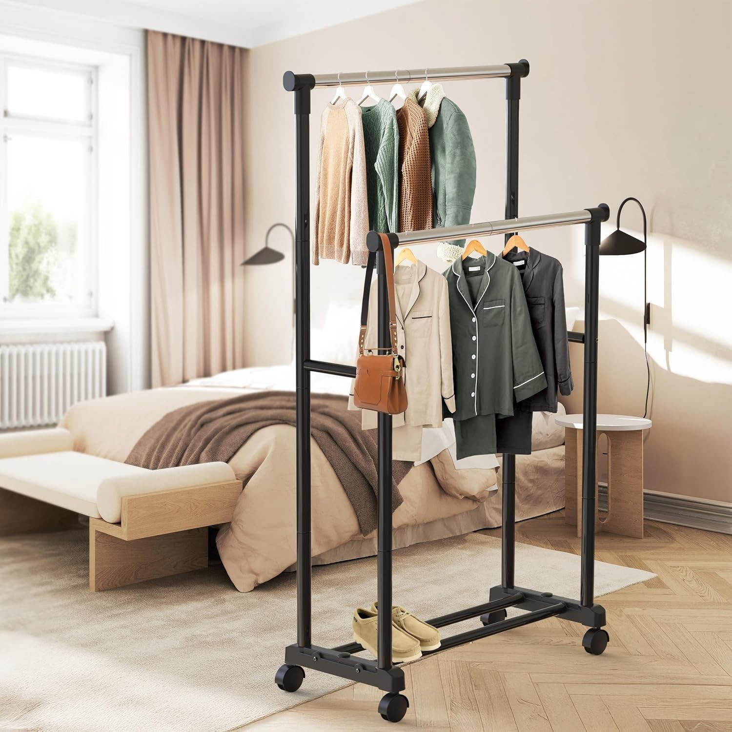 Clothing Garment Rack Double Rod Portable Closet Organizer Steel Black
