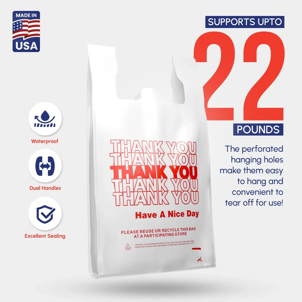 Thank You Plastic T-Shirt Bags 11.5×6.5×21 for Grocery Retail Shopping 50 pack