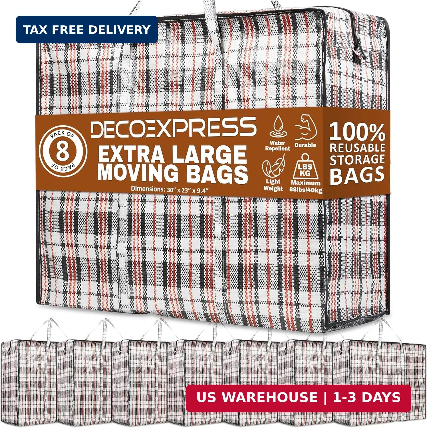 8 Pack Heavy Duty Moving Bags with Strong Zipper & Carrying Handles, 107L/ 28 ga