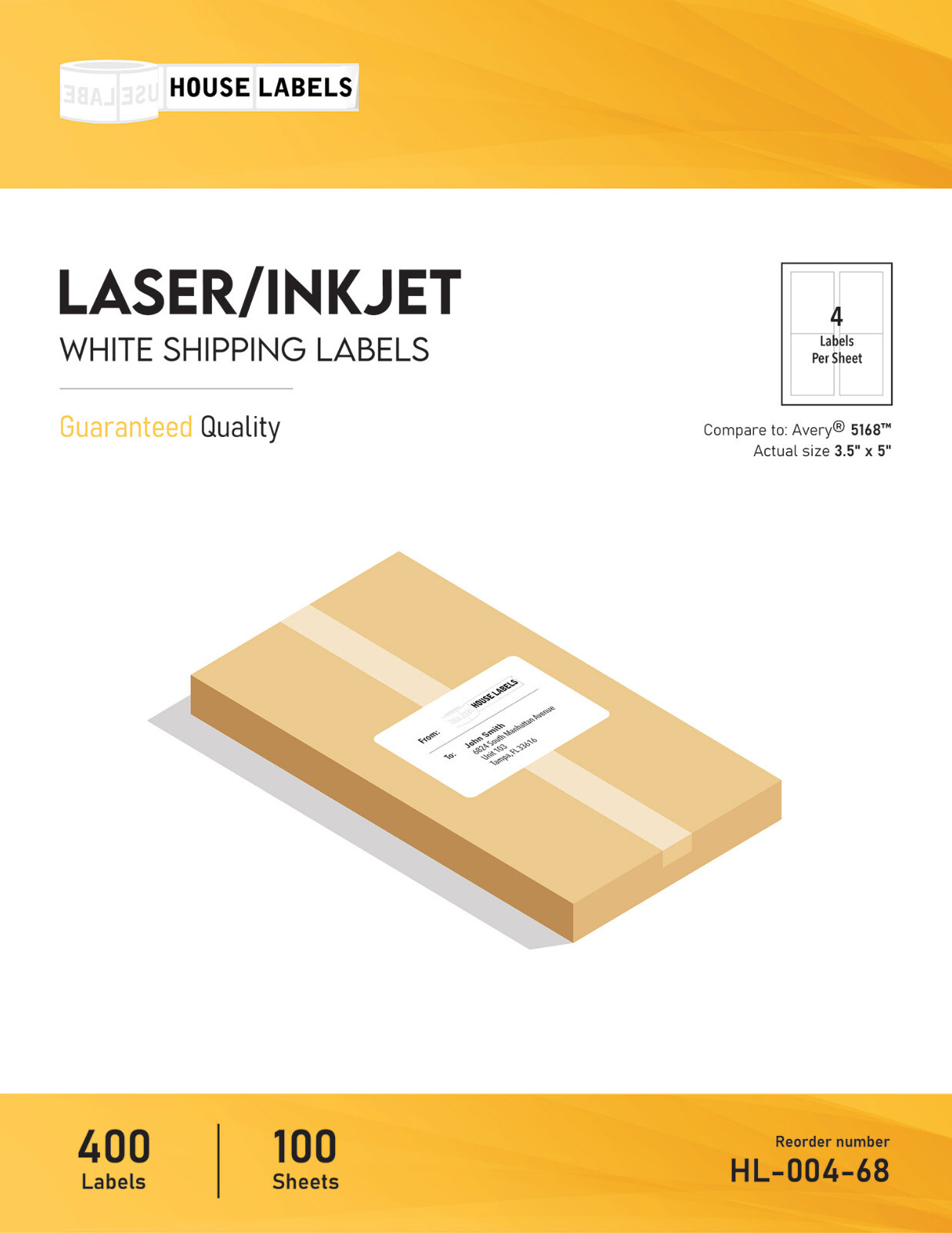 400 Sheets 1600 Labels 3.5 x 5 4 UP EASY PEEL White Address Shipping Labels
