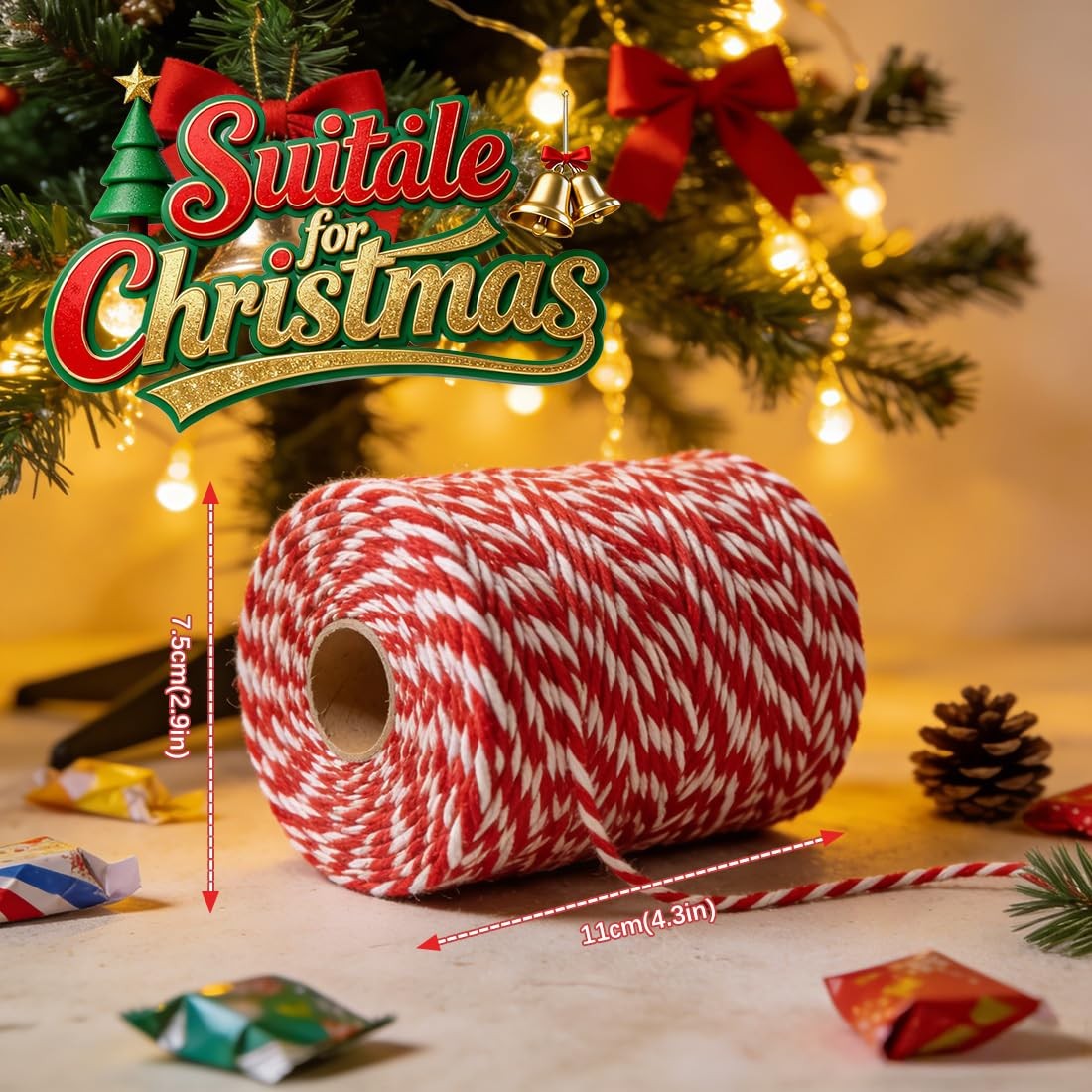 SMART&CASUAL Red and White Cotton Twine, 700 Feet Natural 700 Feet,