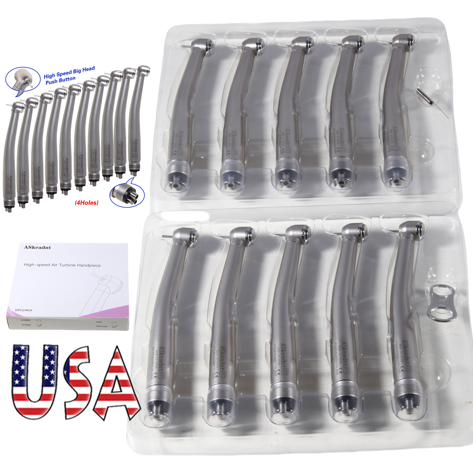 10 Askeadent Dental High Speed Handpiece Push Button Turbine Single Spray