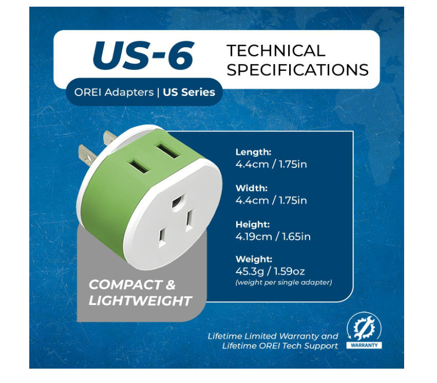 OREI Japan, Philippines Power Plug Adapter with 2 USA Inputs – Travel 3 Pack – T