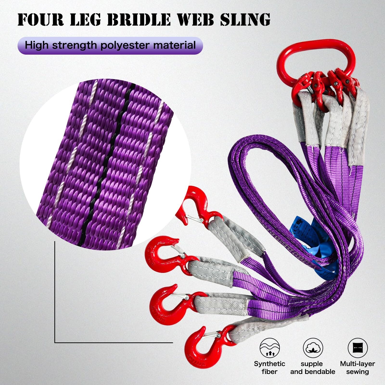 Four Leg Bridle Web Sling 5ft 6600lbs Lifting Slings with G80 Grab Hooks