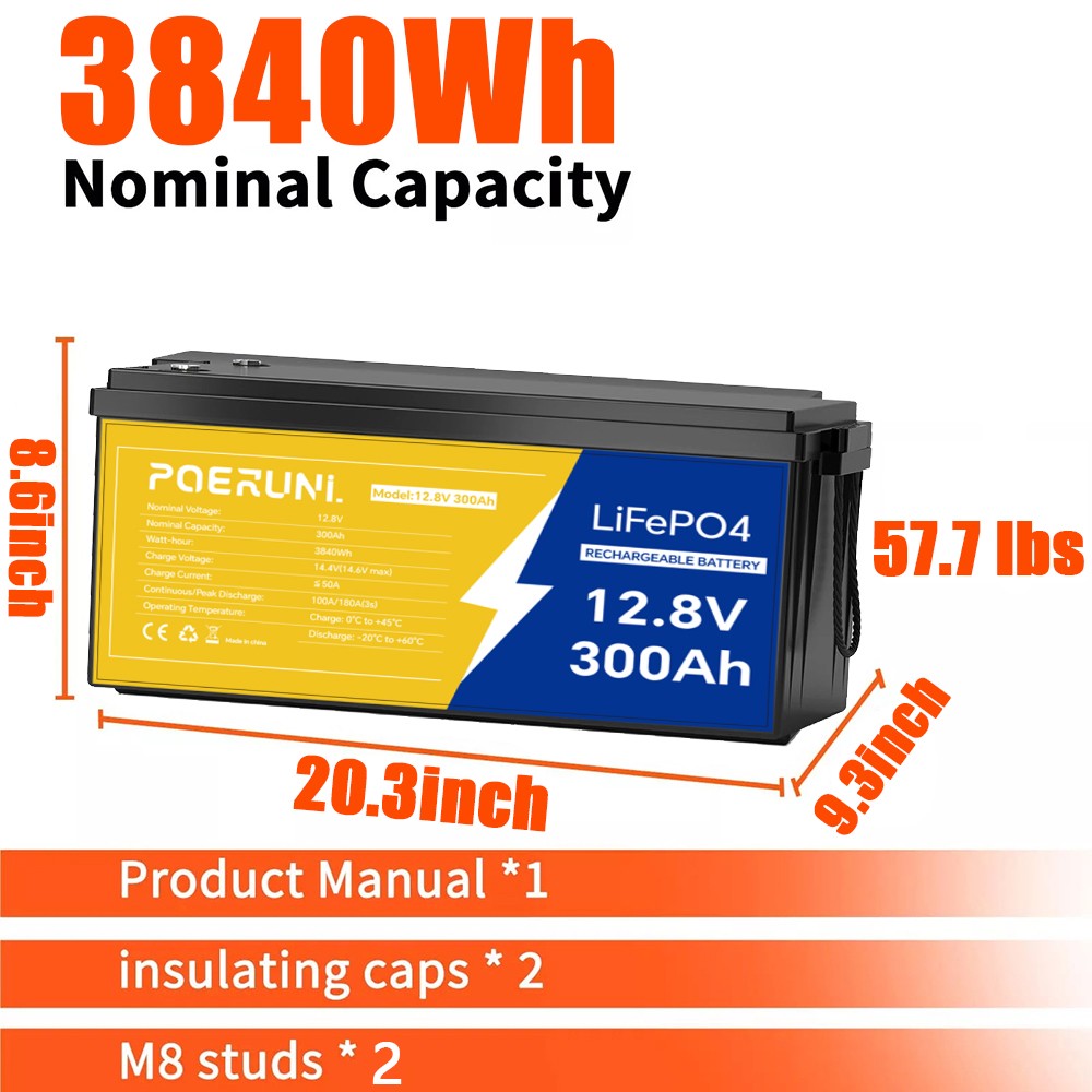 POERUNI 12V 300Ah LiFePO4 Battery 4000+ Deep Cycles 3840Wh 200A BMS for RV Solar