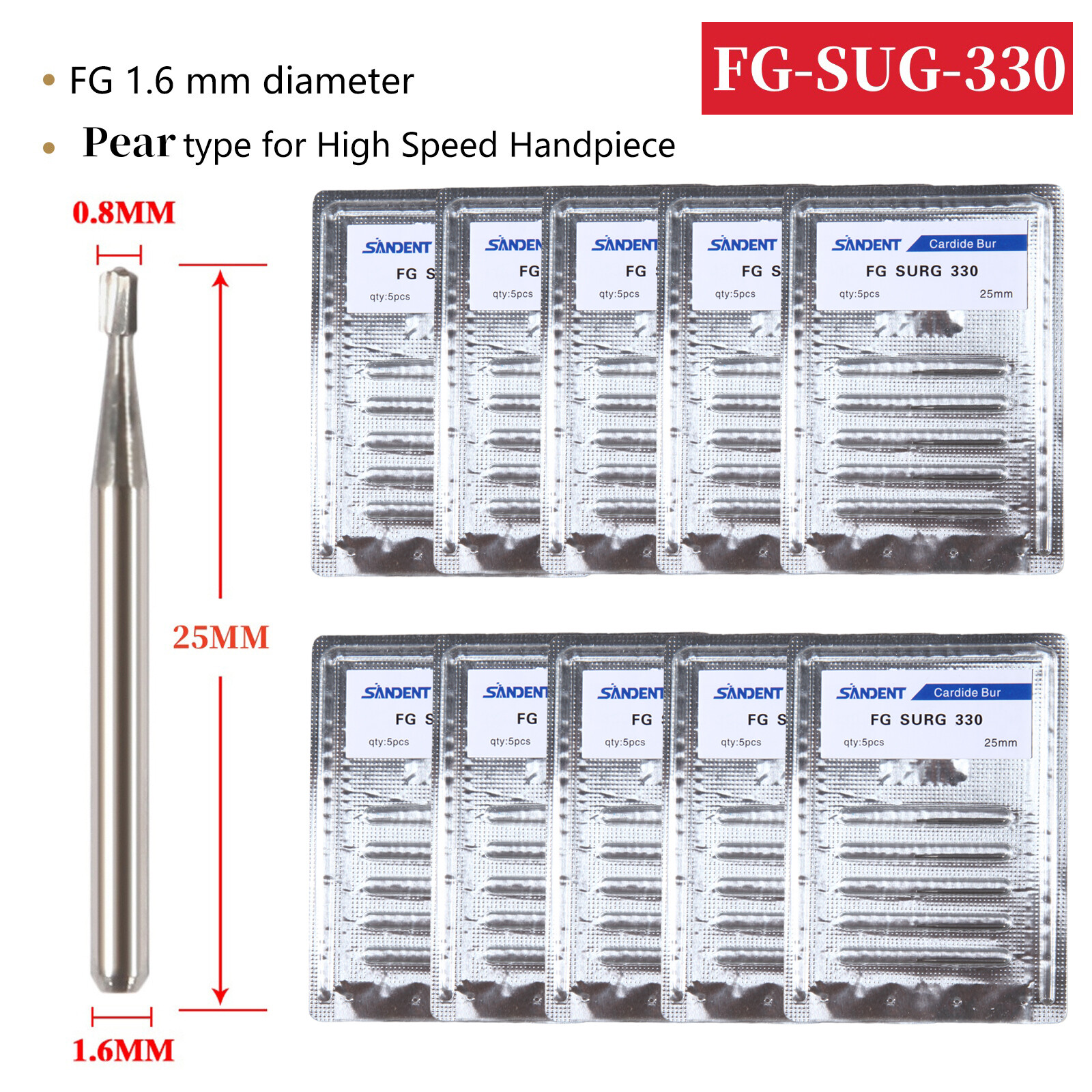 FG # 330 Dental Surgical Carbide Burs 25mm (100pcs=10 Packs)