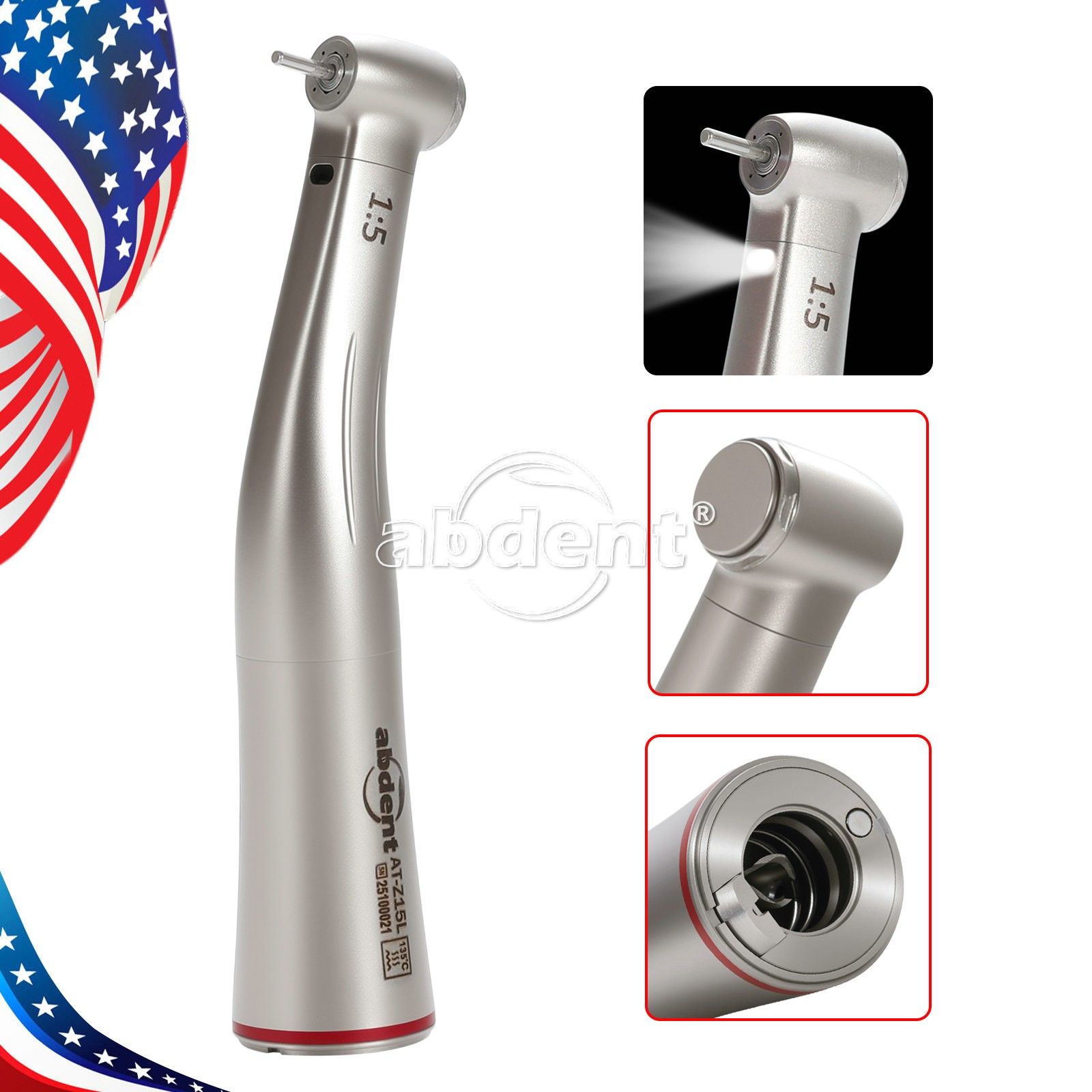 AbDent 1:5 Electric Fiber Optic LED Contra Angle Handpiece Red Ring USPS