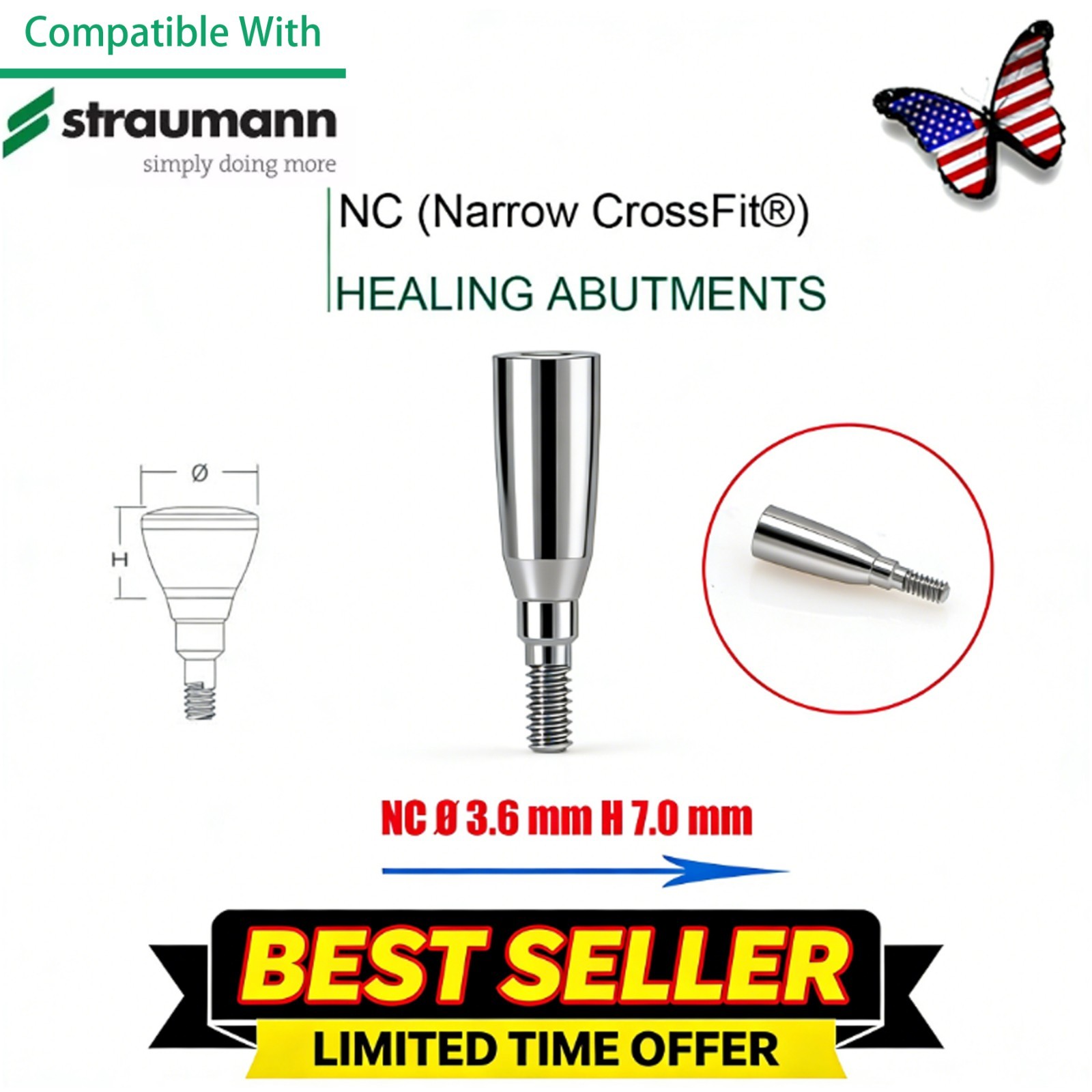 NC Titanium Healing Abutment & Closure Cap Fit Straumann ITI BLT Narrow CrossFit