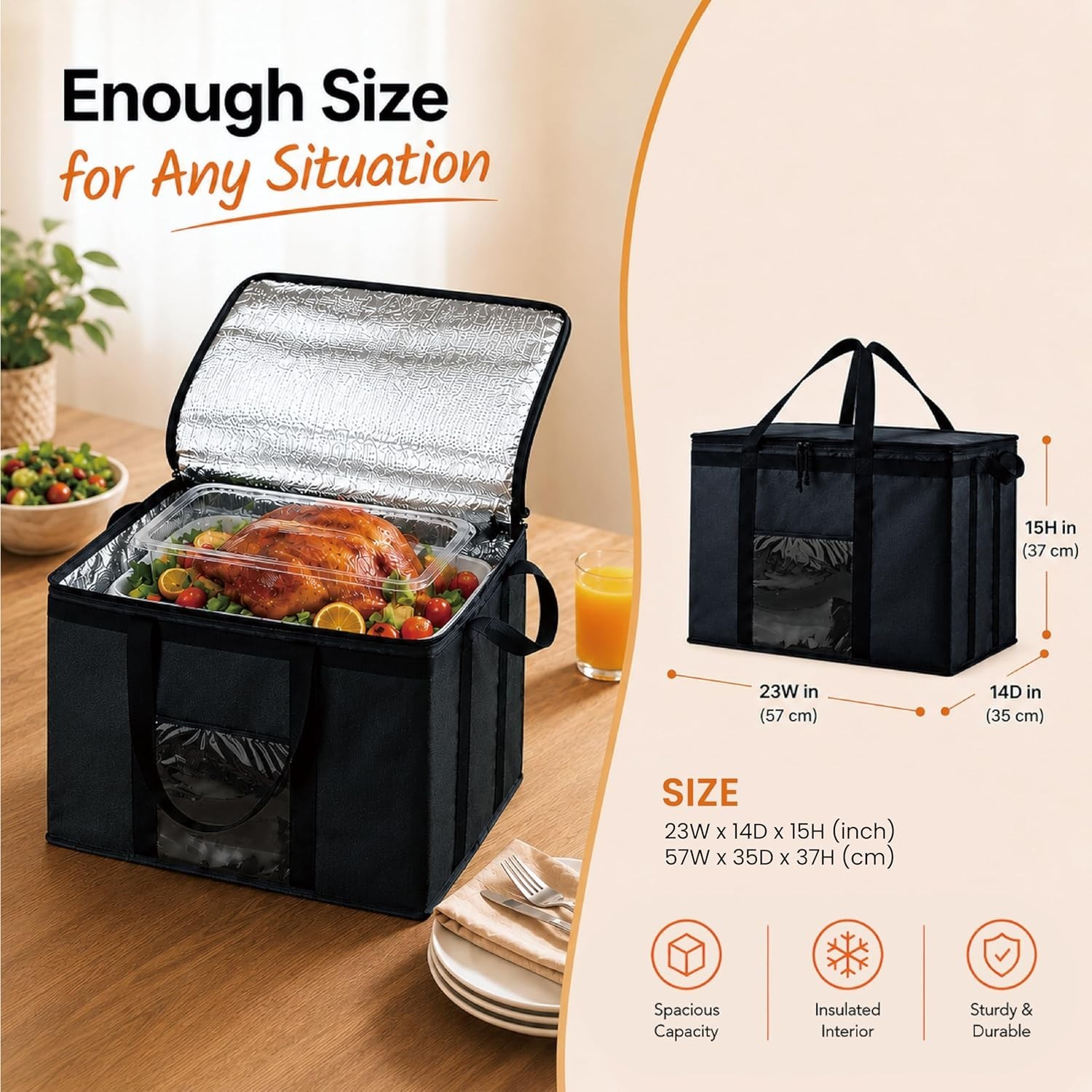 Durable Insulated Bag for Food Delivery, Reusable Cooler with Slip Pocket