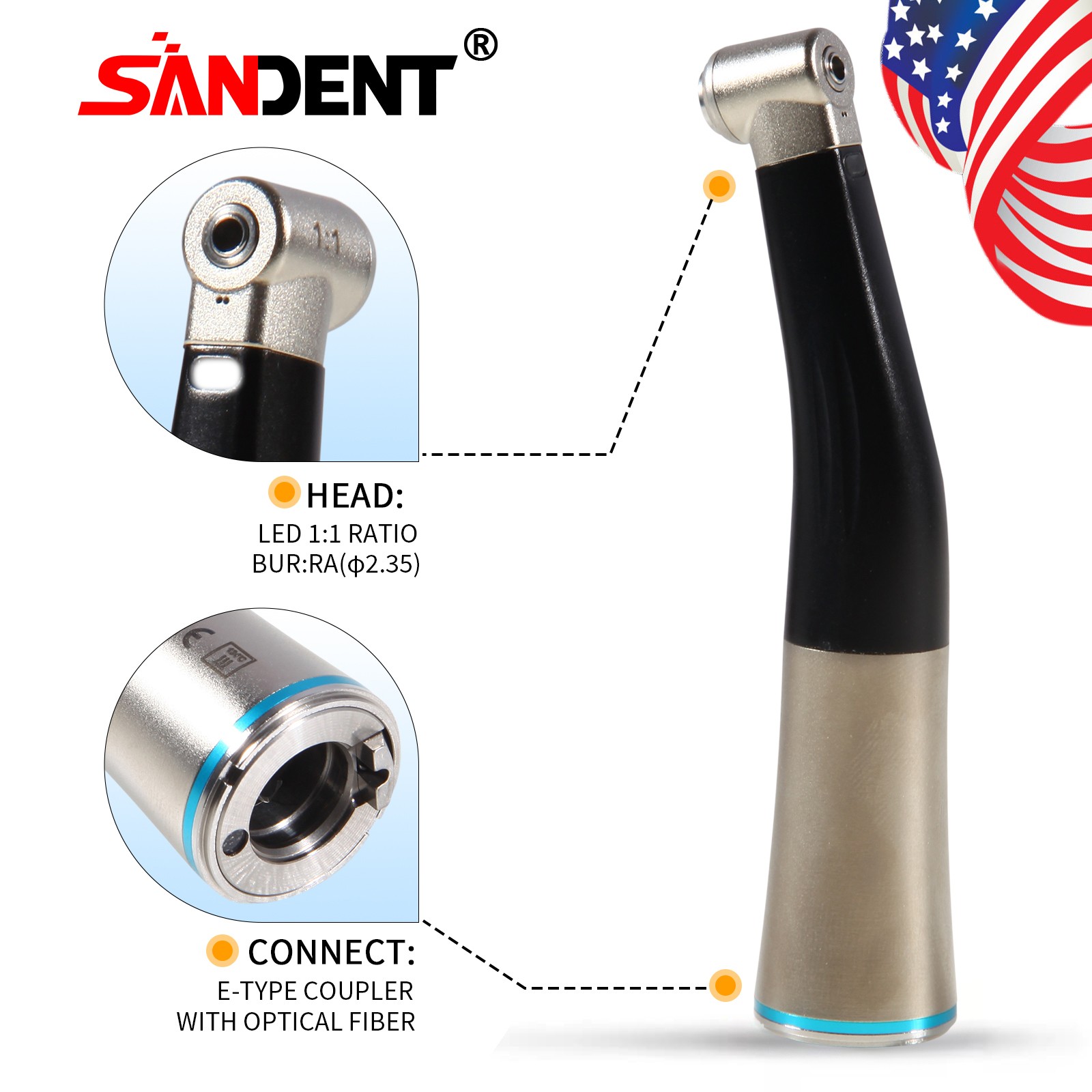 Dental 1:1 Fiber Optic LED Contra Angle Handpiece NSK STYLE YBB