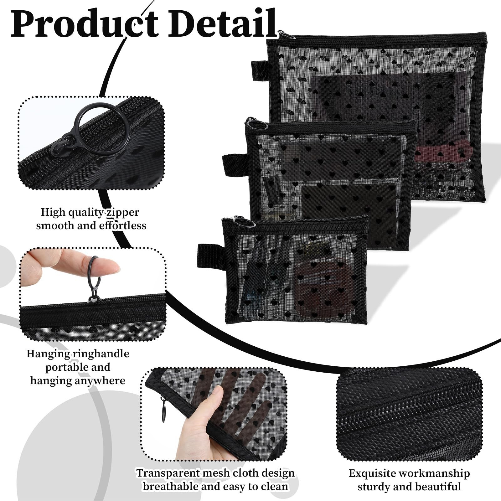 3pcs Mesh Cosmetic Bags with Zipper, 3 Sizes of Heart Print Pouches for Purse…