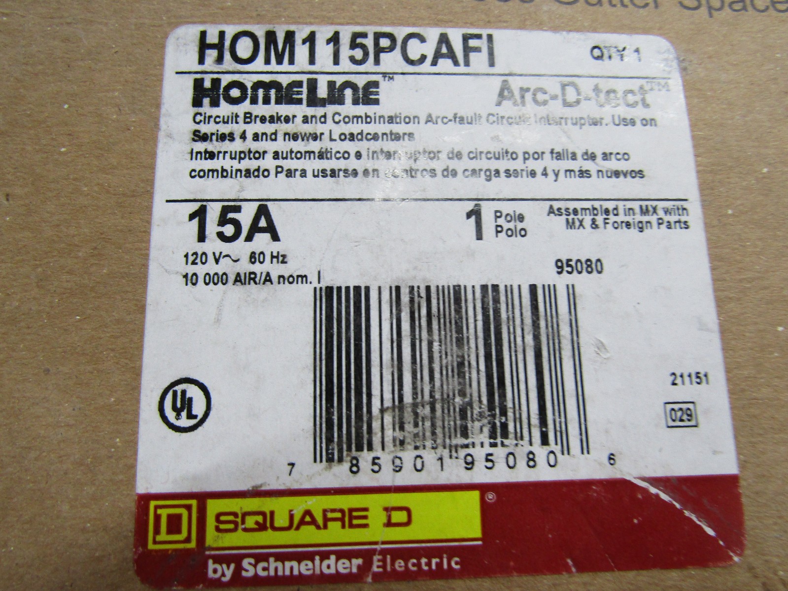 SQUARE D HOMELINE 1-HOM115PCAFI 15A 1- HOM120PCAFI 20 AFCI Circuit Breaker