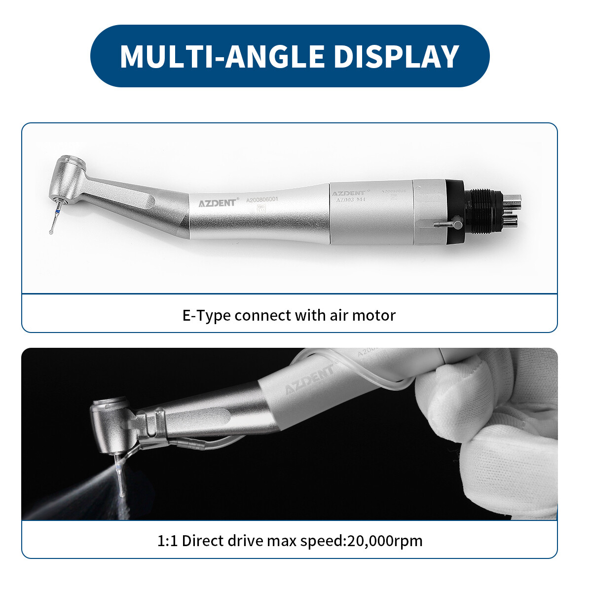 AZDENT Dental Contra Angle Low Speed Handpiece 1:1 Direct Drive 1.6mm FG Burs