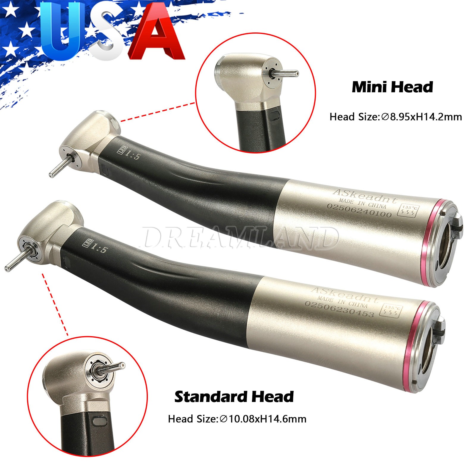 Dental LED 1:5 Contra Angle Fiber Optic Handpiece Mini / Standard Head 2 Colors