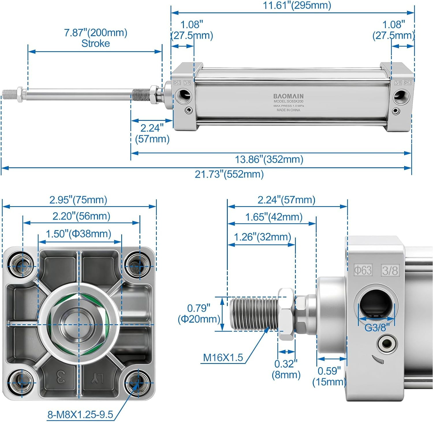 Pneumatic Air Cylinder SC 63 X 200, PT 3/8 Port, 2-1/2″ Bore, 7.87″ Stroke, Sing