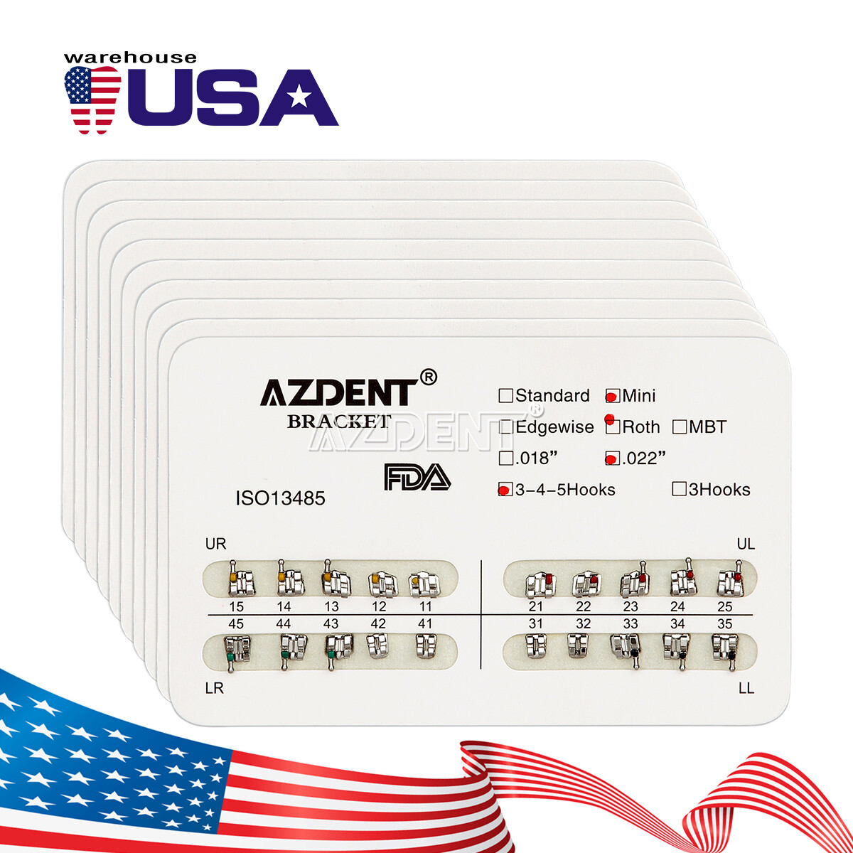 AZDENT Dental Orthodontic Bracket Braces Mini Roth .022 Hooks 3-4-5/ Hooks 3
