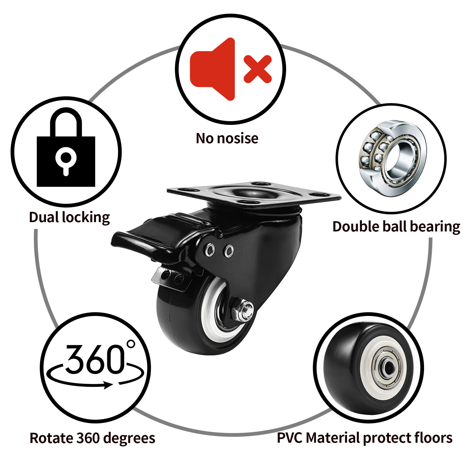 4 Units 2 inches Heavy Duty Universal Caster Wheels With Brake Swivel Top Plate