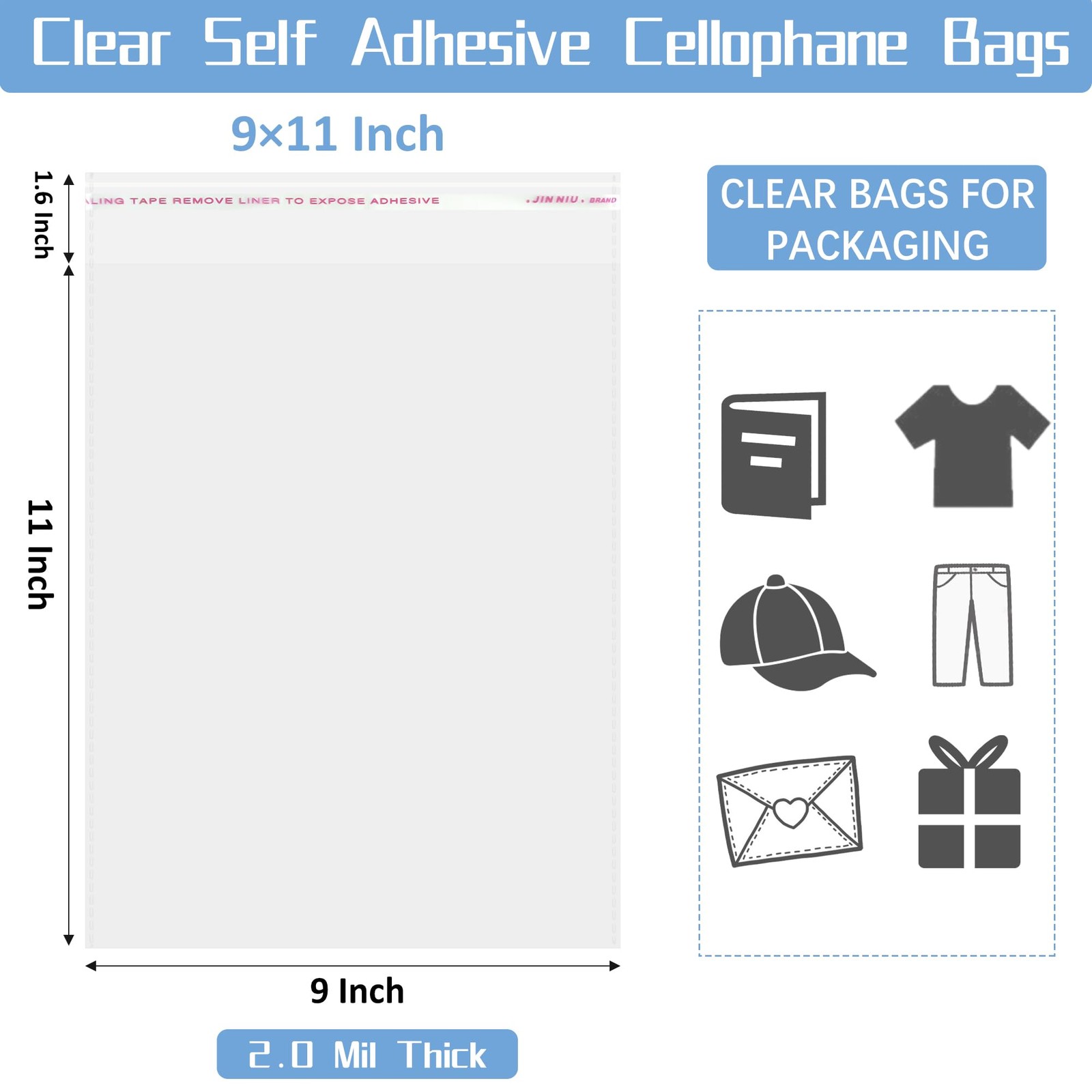 9X11 Inch Self-Sealing Clear Plastic Shipping Bags for Clothes, 100 Pack OPP Pol