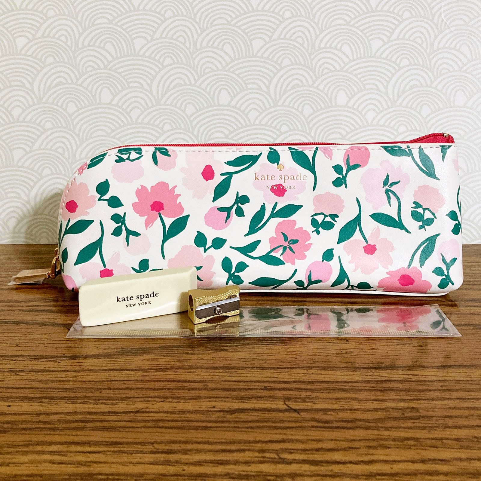 Kate Spade Pencil Pouch Cosmetic Case Travel Bag Faux Leather w Accessories