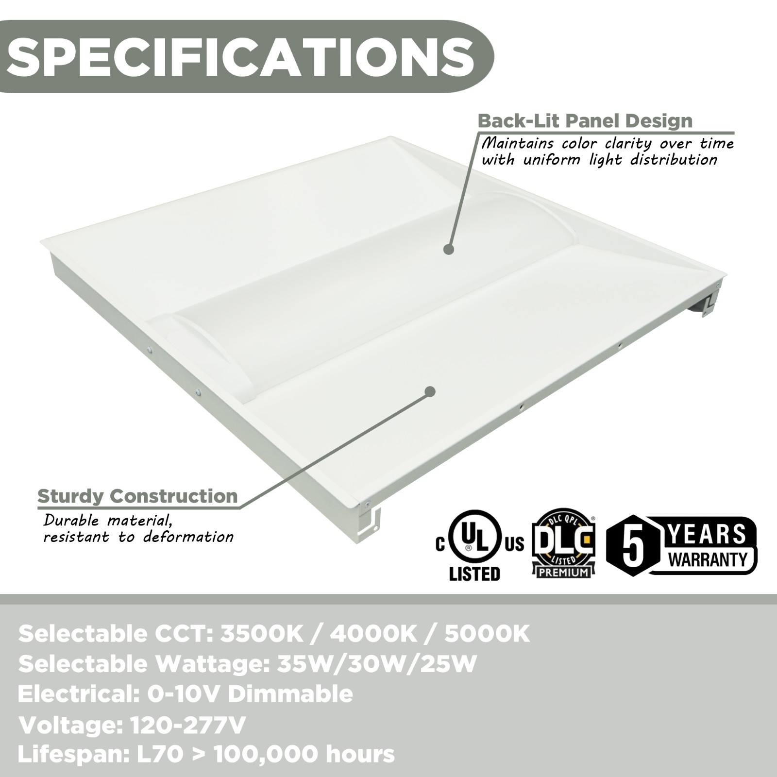 4 Packs 2×2 LED Troffer Light, 35/30/25W Selectable, 3500K/4000K/5000K CCT,