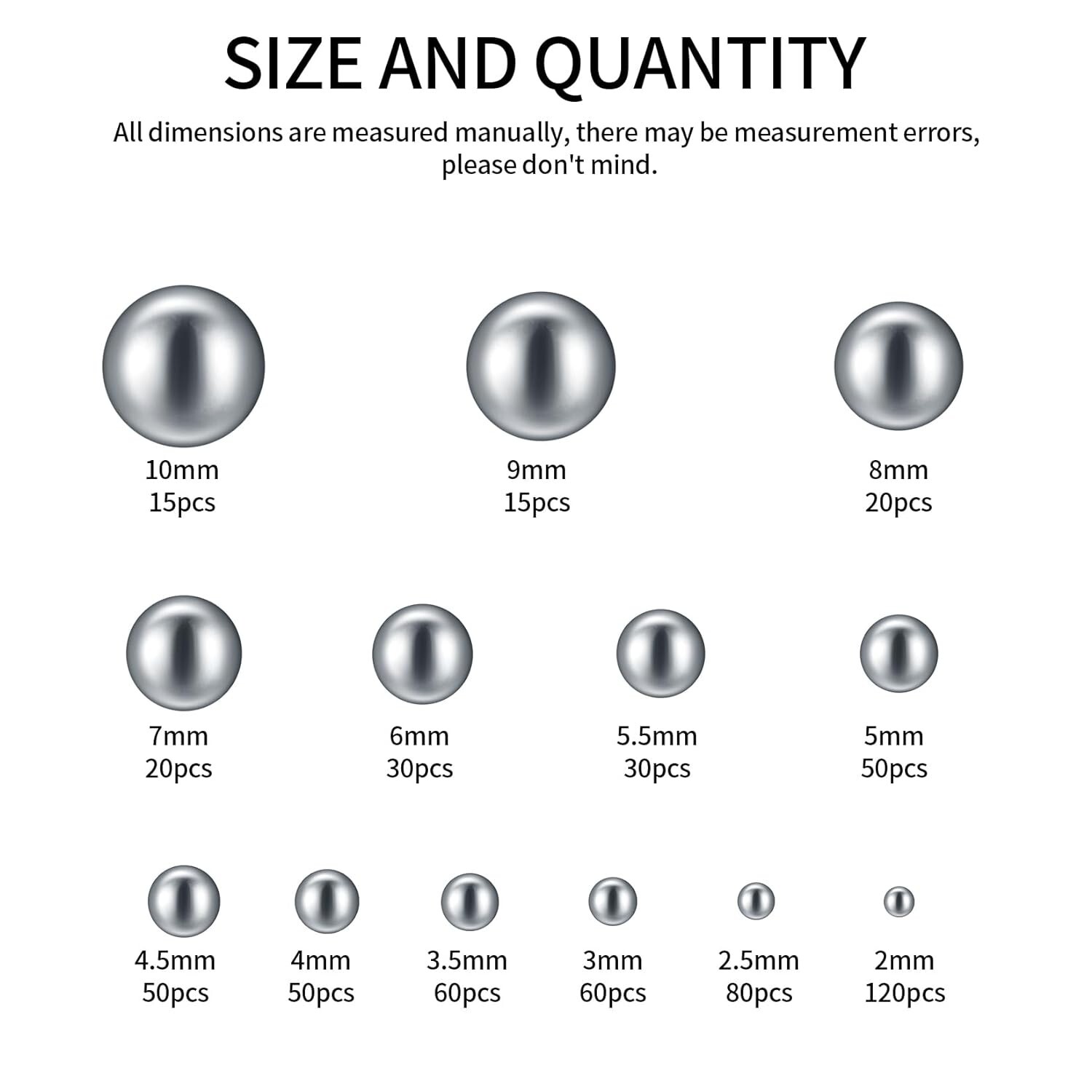 600 Pcs Metric Precision Steel Bearing Balls Assorted Stainless Steel Loose Bicy