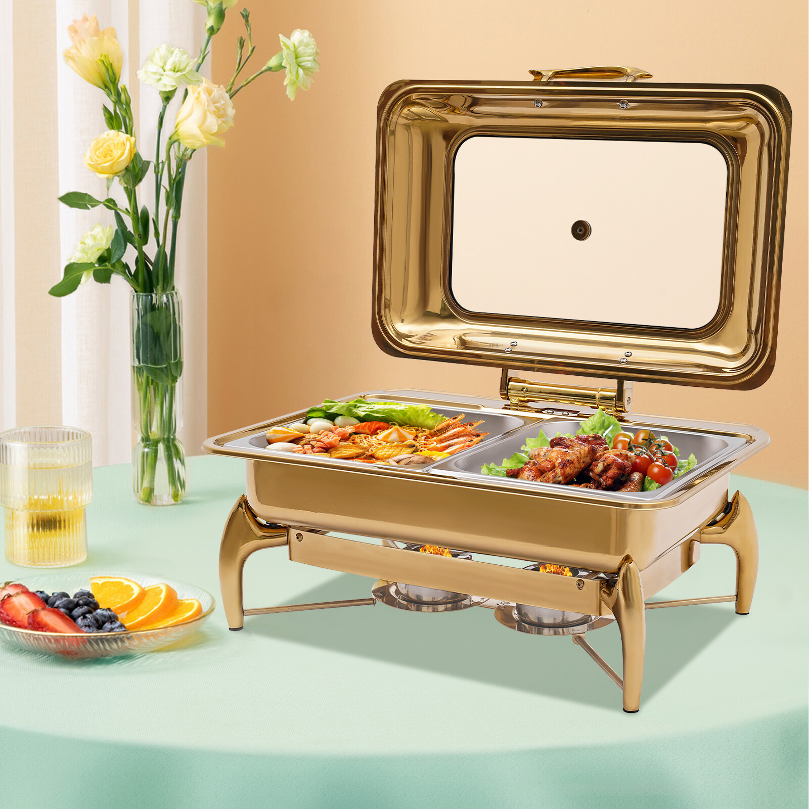 Gold 9QT Roll Top Chafing Dish Buffet Set Stainless Steel with Fuel Holder Home