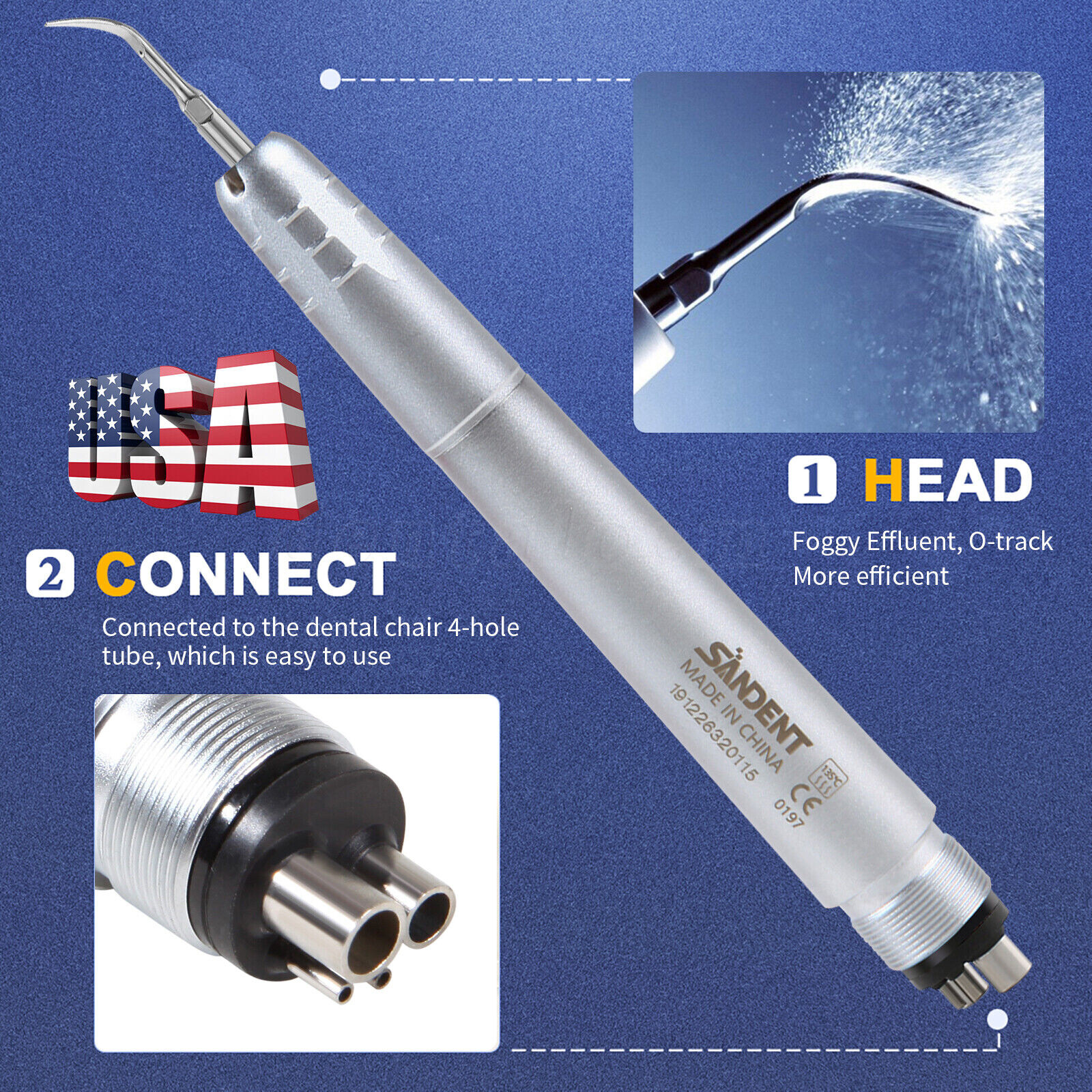 FDA Dental Piezo Air Ultrasonic Scaler 4-Hole Handpiece with 3 Scaler inserts US