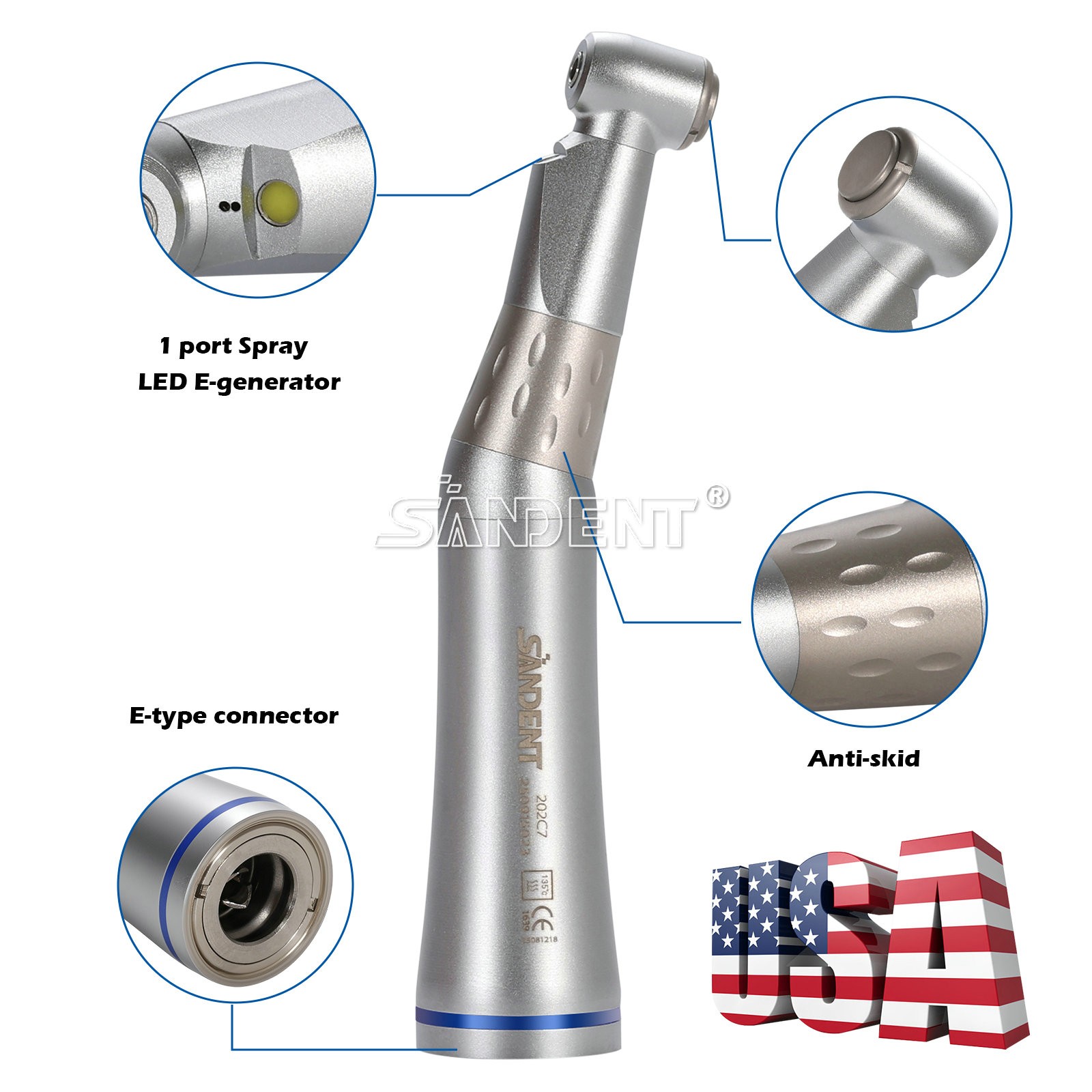 SANDENT Dental 1:1 LED Contra Angle Handpiece E-generator Push button Inner dt
