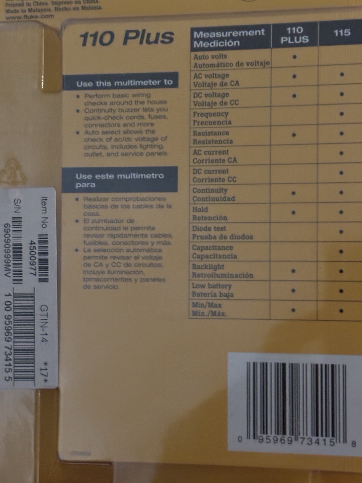 FLUKE ESSENTIAL 110 Plus MULTIMETER. Cat III 600 V, True-rms 772343