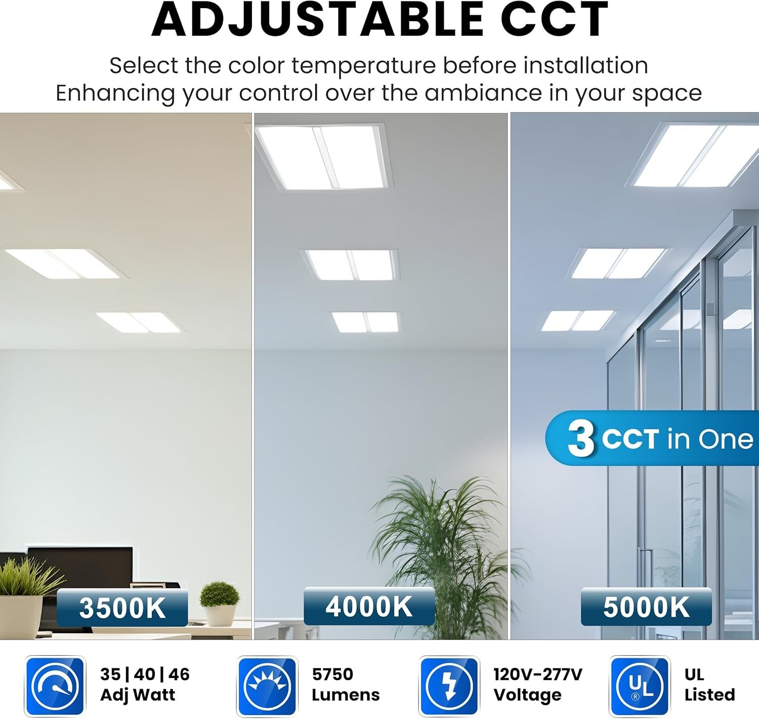 2×4 LED Flat Panel Light, 35W/40W/46W & CCT 3500K/4000K/5000K, 5750Lumens 4Pcs