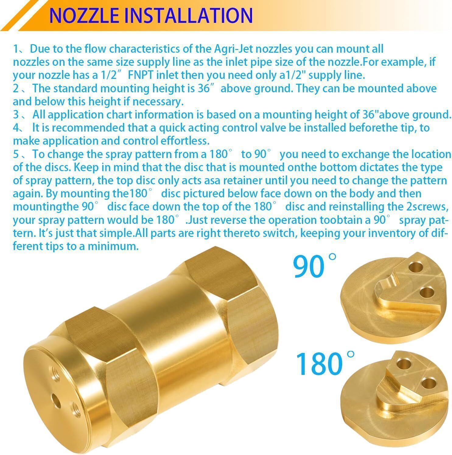 Boomless Spray Nozzle w/90°&180°Caps 1/2″FPT #5 Brass 40PSI 2.0GPM Agricultural