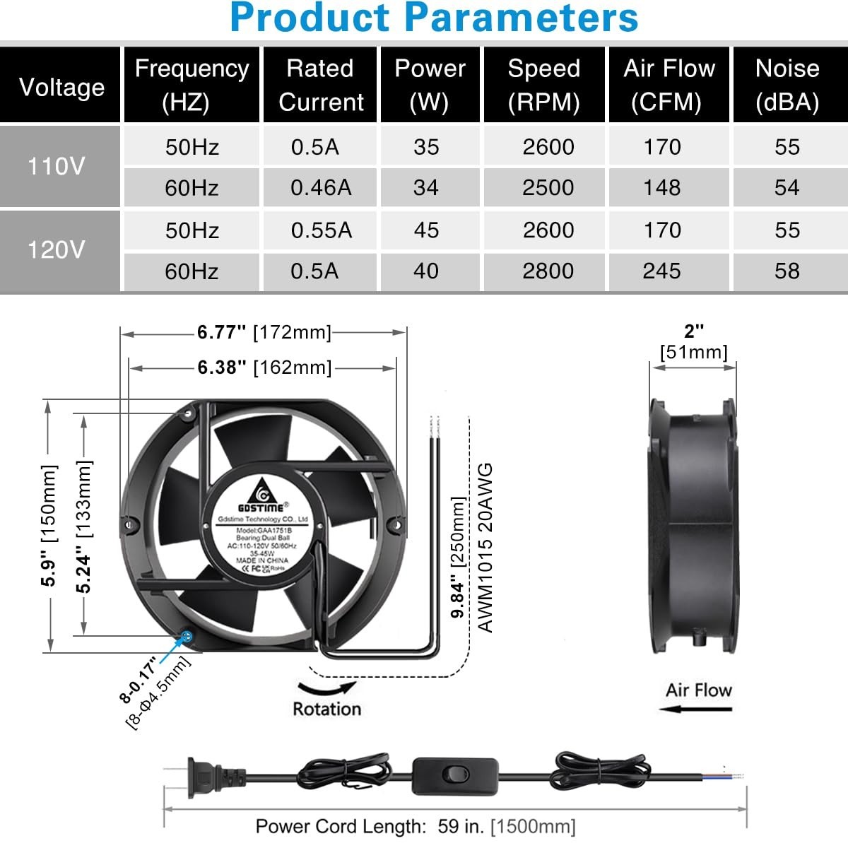 Quiet Operation 172mm Cooling Fan – 58 dB for Industrial & DIY Applications
