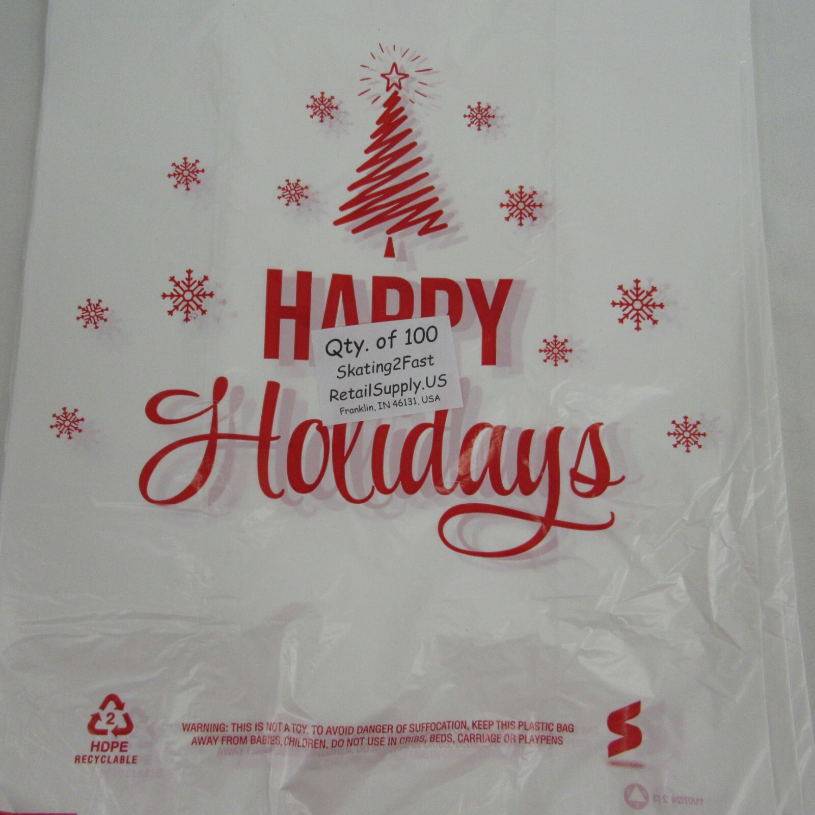 100 Qty. Happy Holiday Holiday Tree 1/6 Plastic T-Shirt Bags Handles 11″x6″x21″