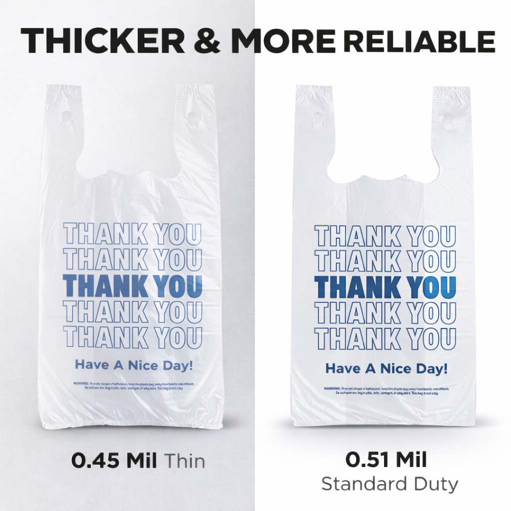 Bags 1/6 Large 21 x 6.5 x 11.5 White THANK YOU T-Shirt Plastic Shopping Grocery